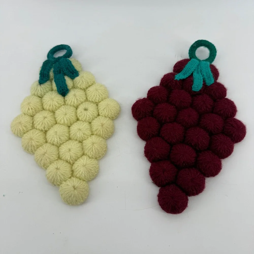 2 Vtg 1950's Handmade Bottlecap Crochet Grapes Potholder Trivet Hot Pad